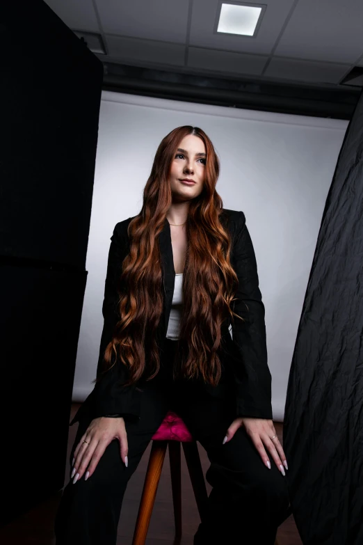 a woman sitting on top of a chair posing for a po