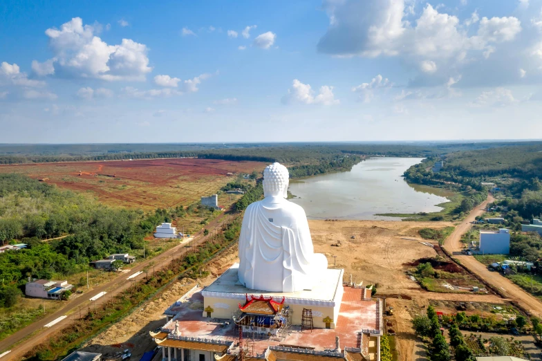 an aerial view of a large buddha statue surrounded by buildings and roads