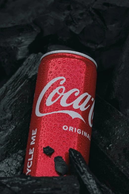 an empty coca cola can sitting on top of some rocks