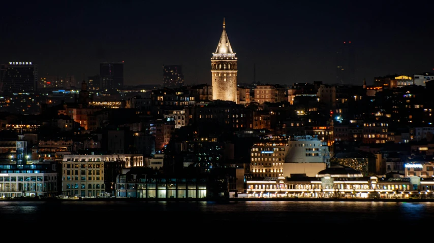 the skyline at night overlooking a city with skyscrs