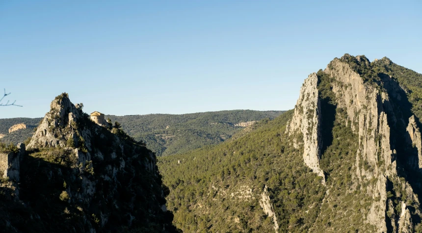 the view from a mountain peak with many trees on it