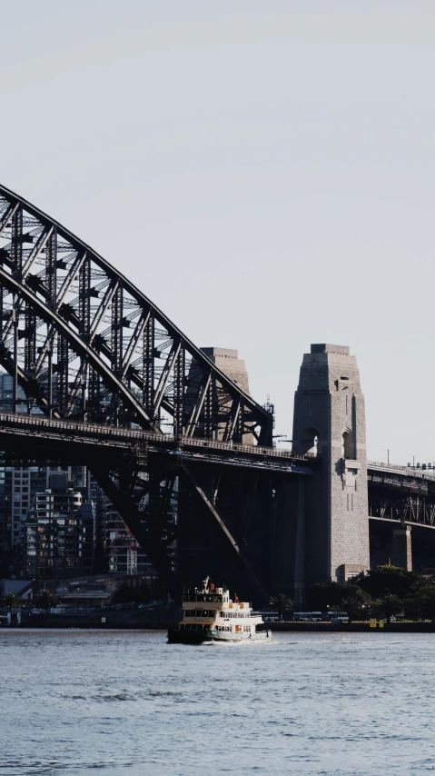 boat in water under large bridge with tall city in the background