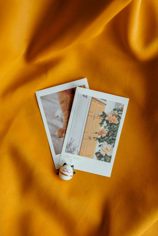 three pictures lay on a yellow fabric with flowers