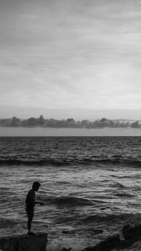 a person standing on the shore looking at the ocean