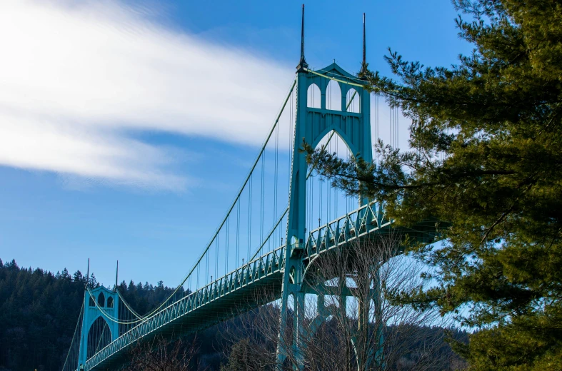 a tall bridge crossing over a river near trees