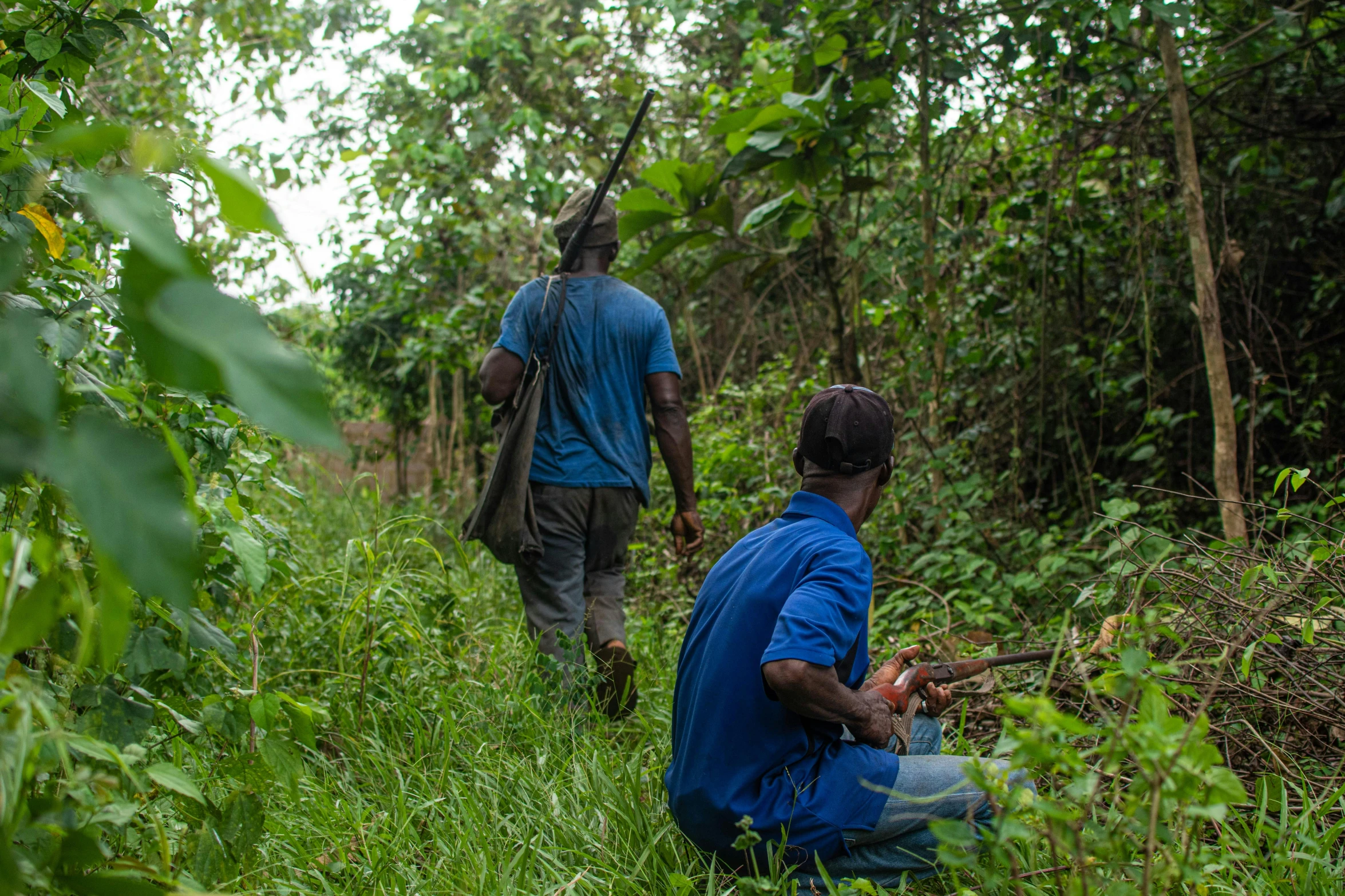 two people walking through a lush green forest