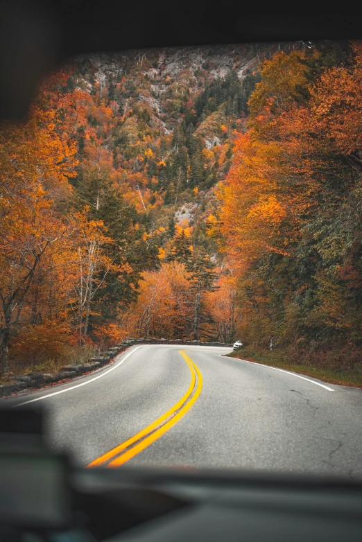 a curve in the road in front of some trees with orange leaves