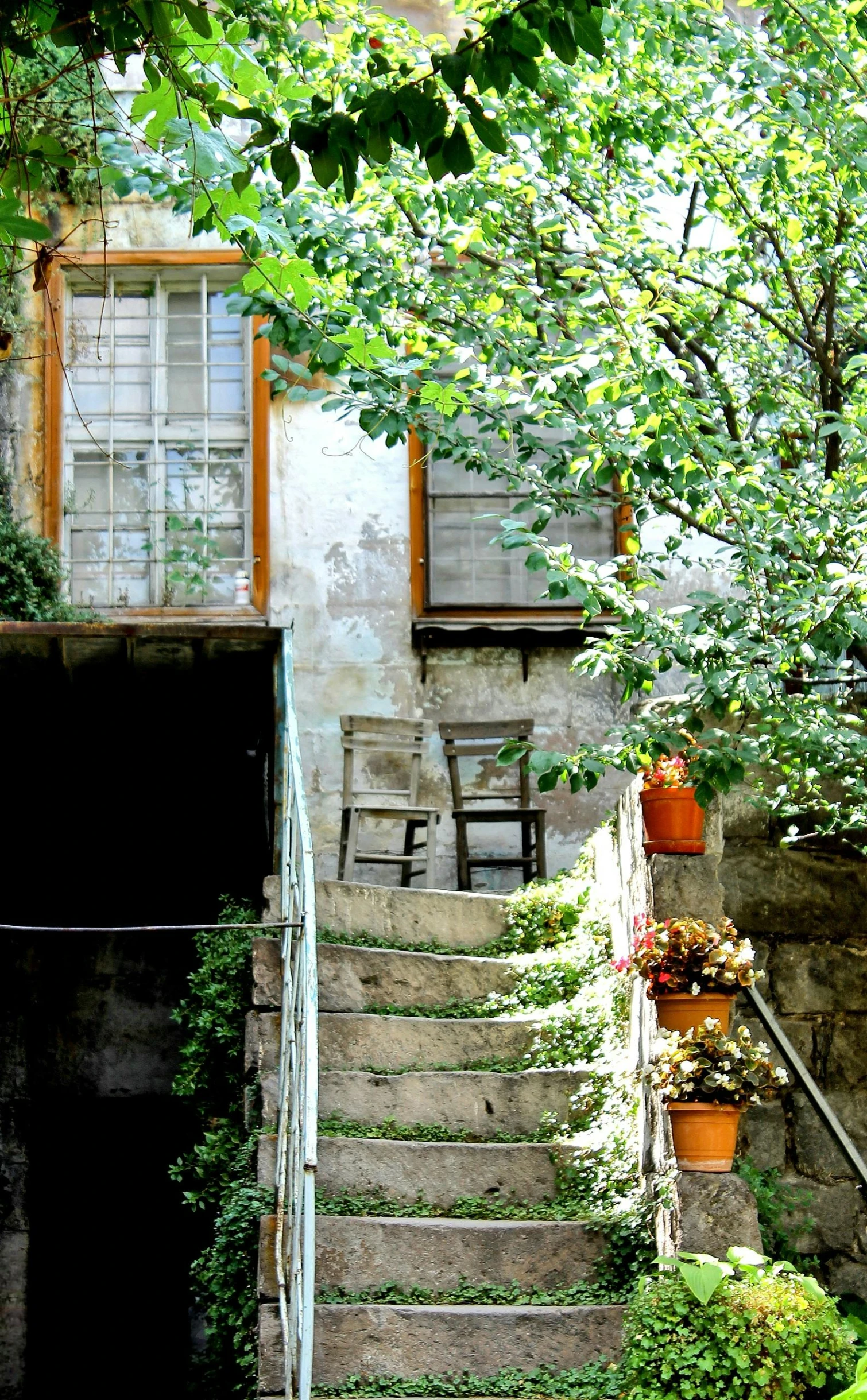 a door with windows and doors on a set of stairs