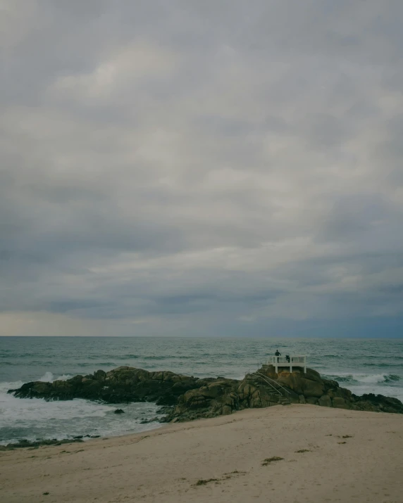 people sitting on the rocks at the beach