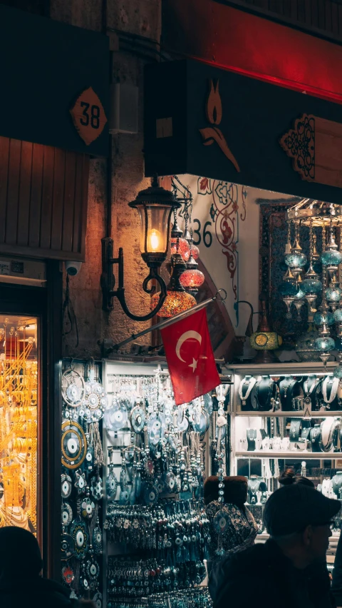 the inside of a store that has a turkey flag on display