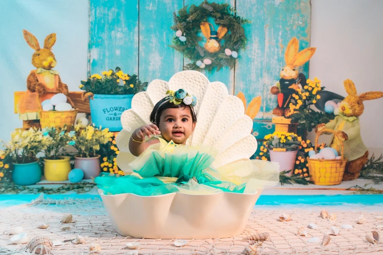 a child dressed up as an egg with an aqua skirt