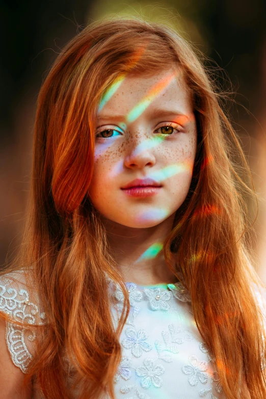 a woman with long red hair and rainbow colors