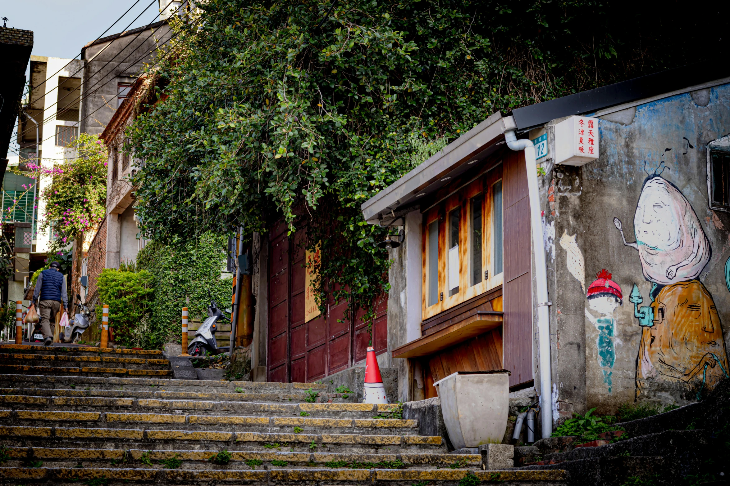 a house covered in vines with a staircase