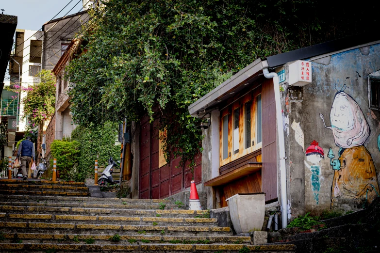 a house covered in vines with a staircase