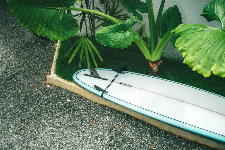 a surf board resting against a concrete slab