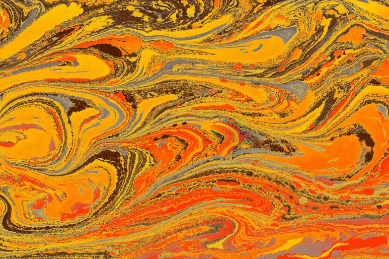 a yellow background with black and orange swirls