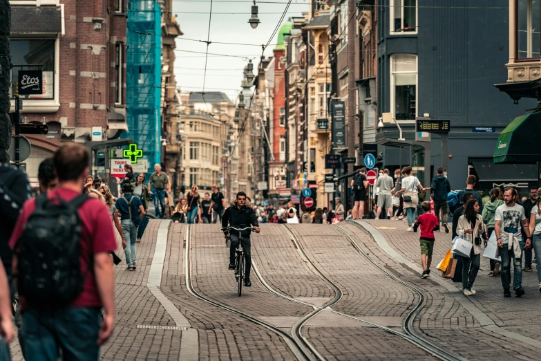 people are walking, riding bikes and other walking around in the city