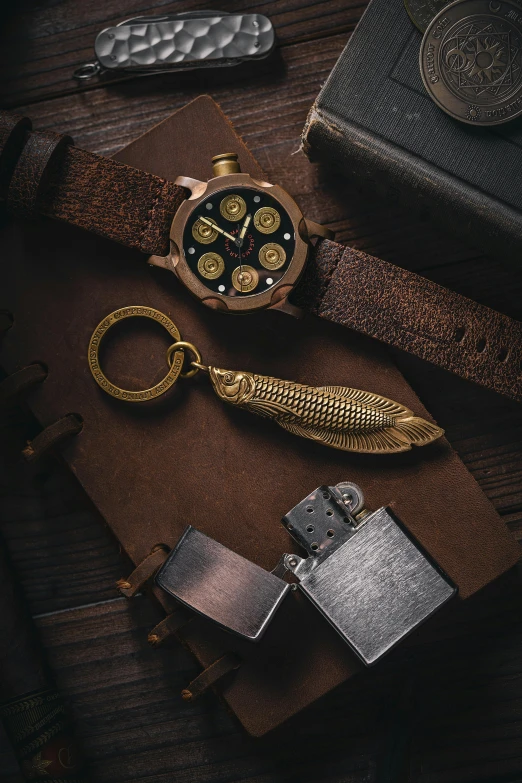 a watch sitting on top of brown leather next to a chain