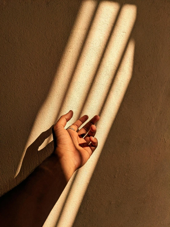 someone's hand resting on the back of a couch with sun shining through the blinds