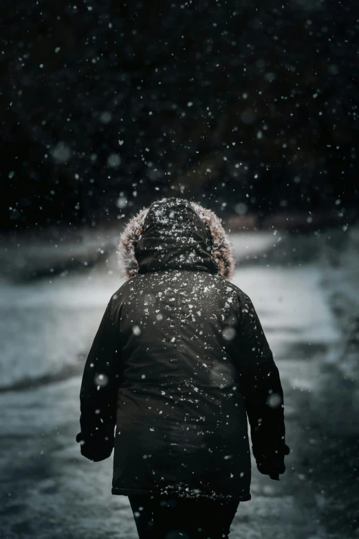 person walking through the rain in winter coats