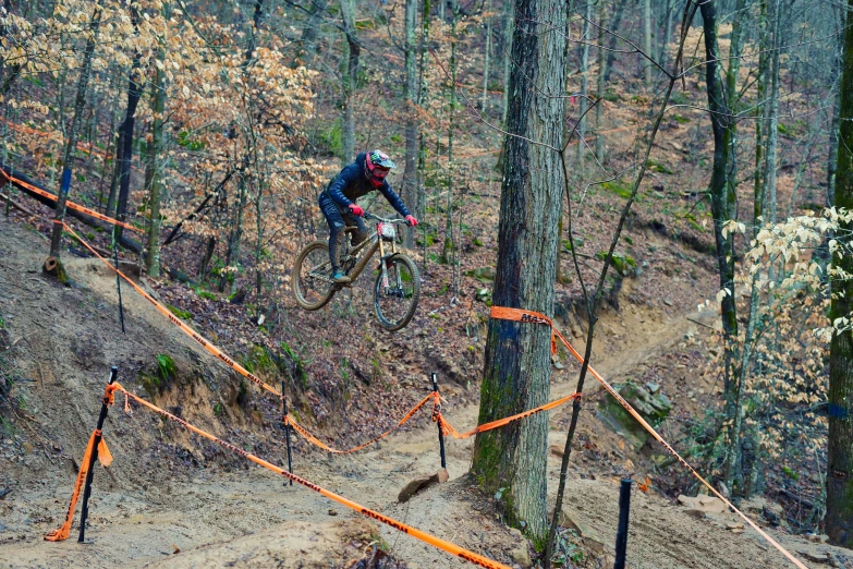 a mountain biker is riding on a trail in the woods