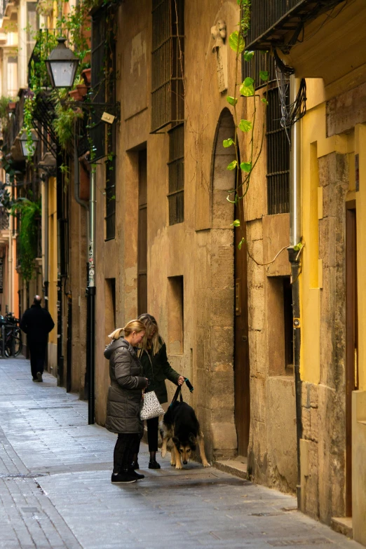 a woman is walking a dog in front of buildings