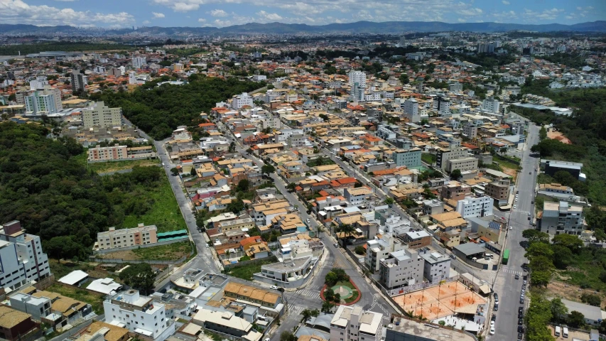 the aerial view of a city with houses