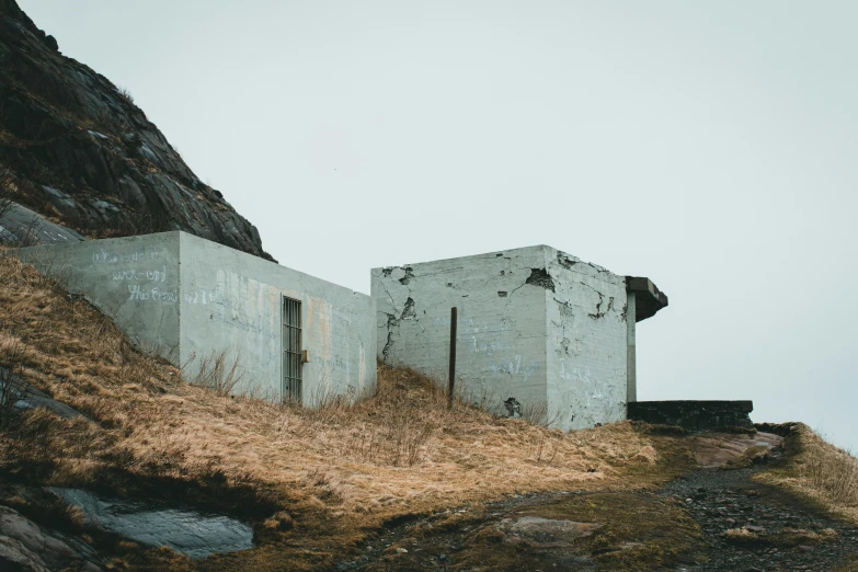 two dilapidated building in a rocky area