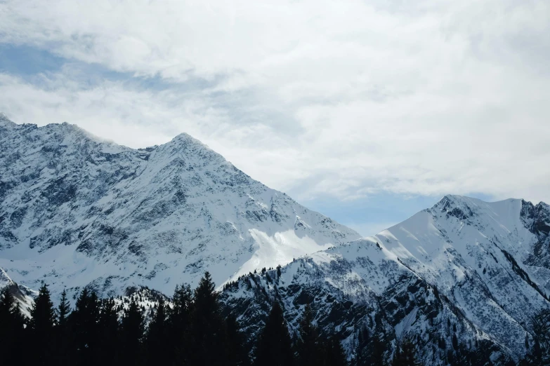 mountains with snow in the foreground and trees below