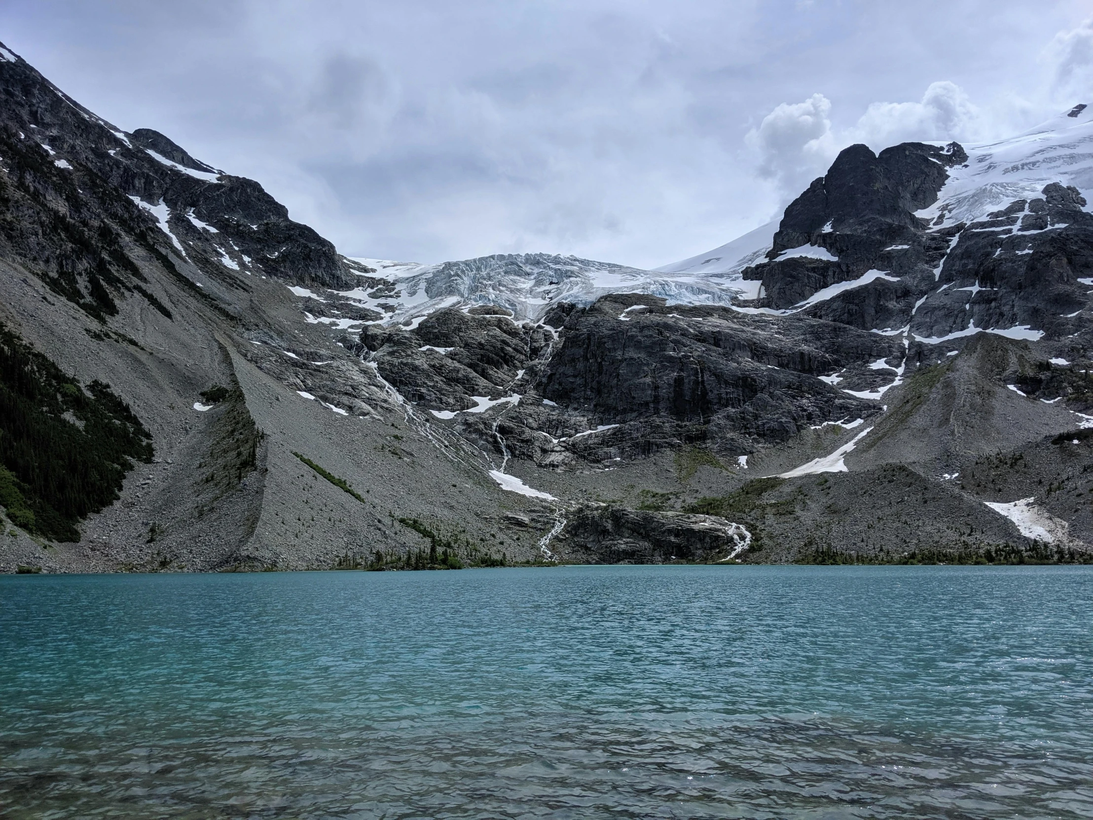 the mountains rise above a body of water