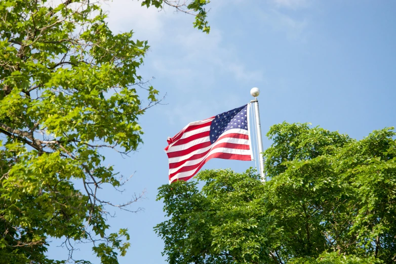 a flag flying high in a blue sky