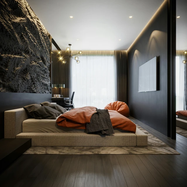 this bedroom has dark colored walls and a large bed
