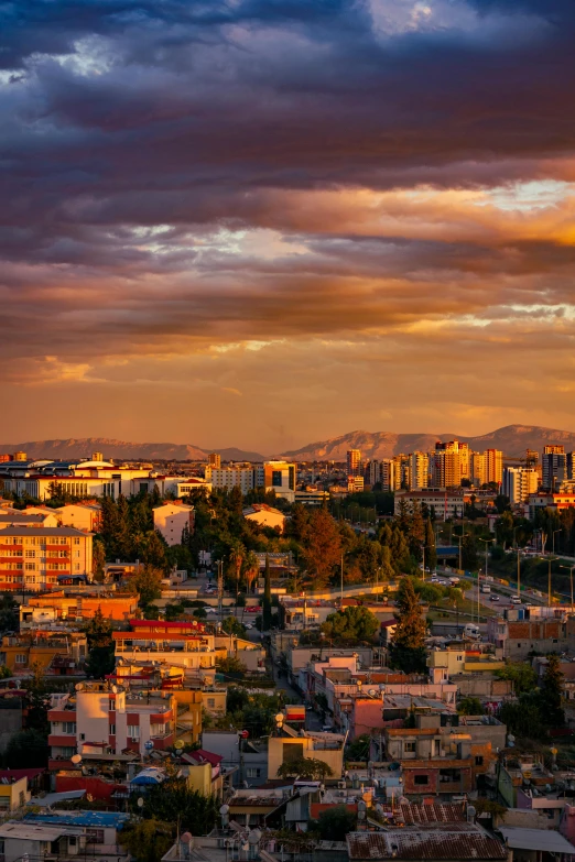 the view of a town with some very tall buildings