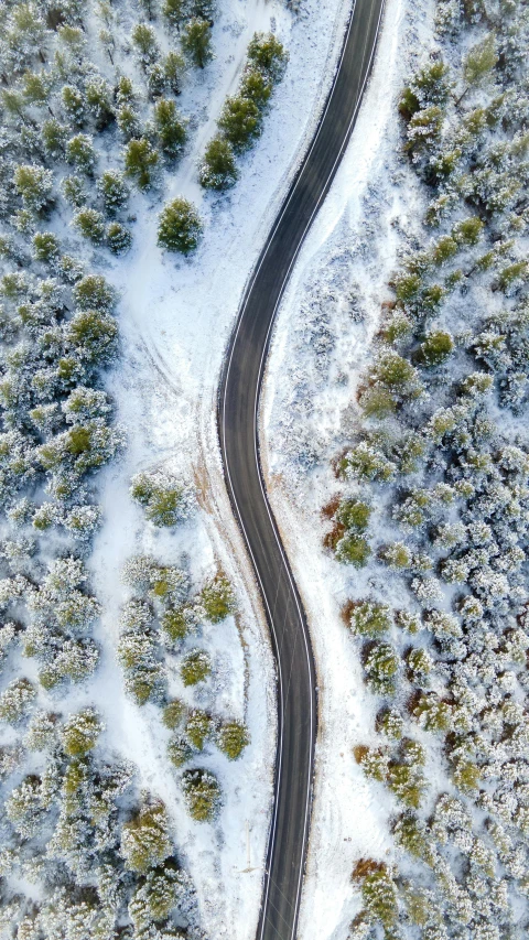 an aerial po of a road surrounded by trees in the snow