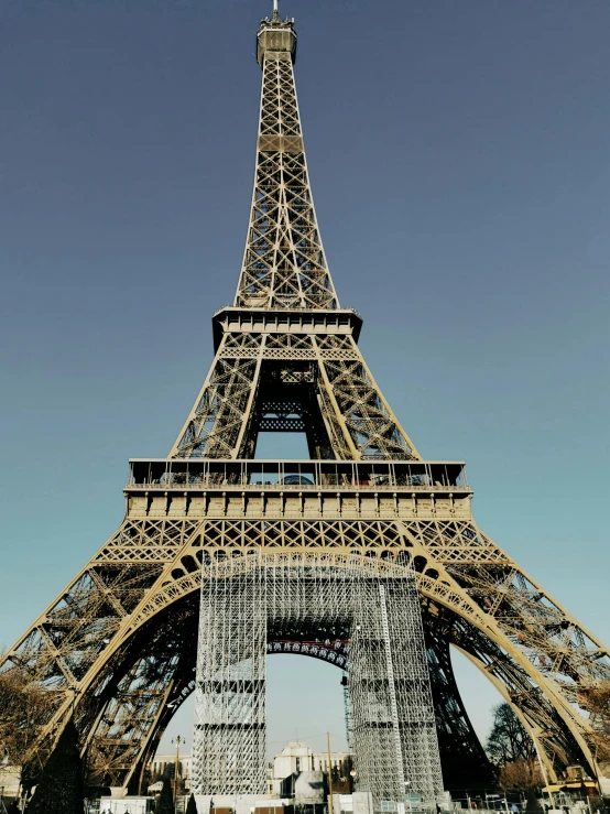 view of a replica of the eiffel tower, from below