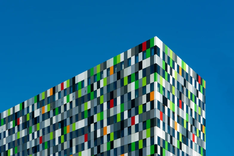 a building is made up like a multicolored block