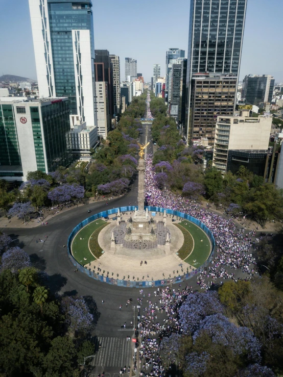 a large crowd is gathered in a circle with trees in the middle