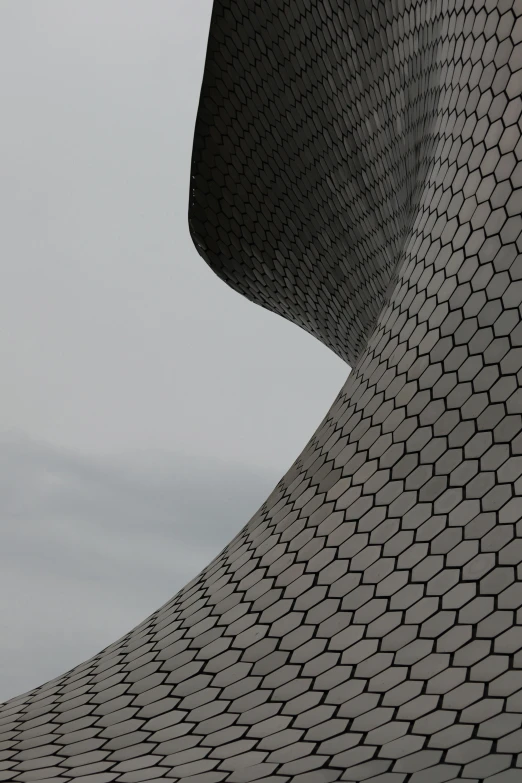 a kite flying over some curved building under grey skies