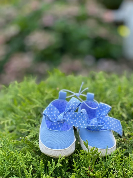 a pair of baby blue tennis shoes are on some green grass