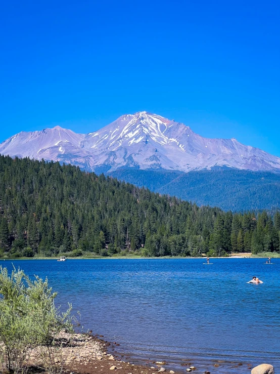 a lake surrounded by forest and a mountain