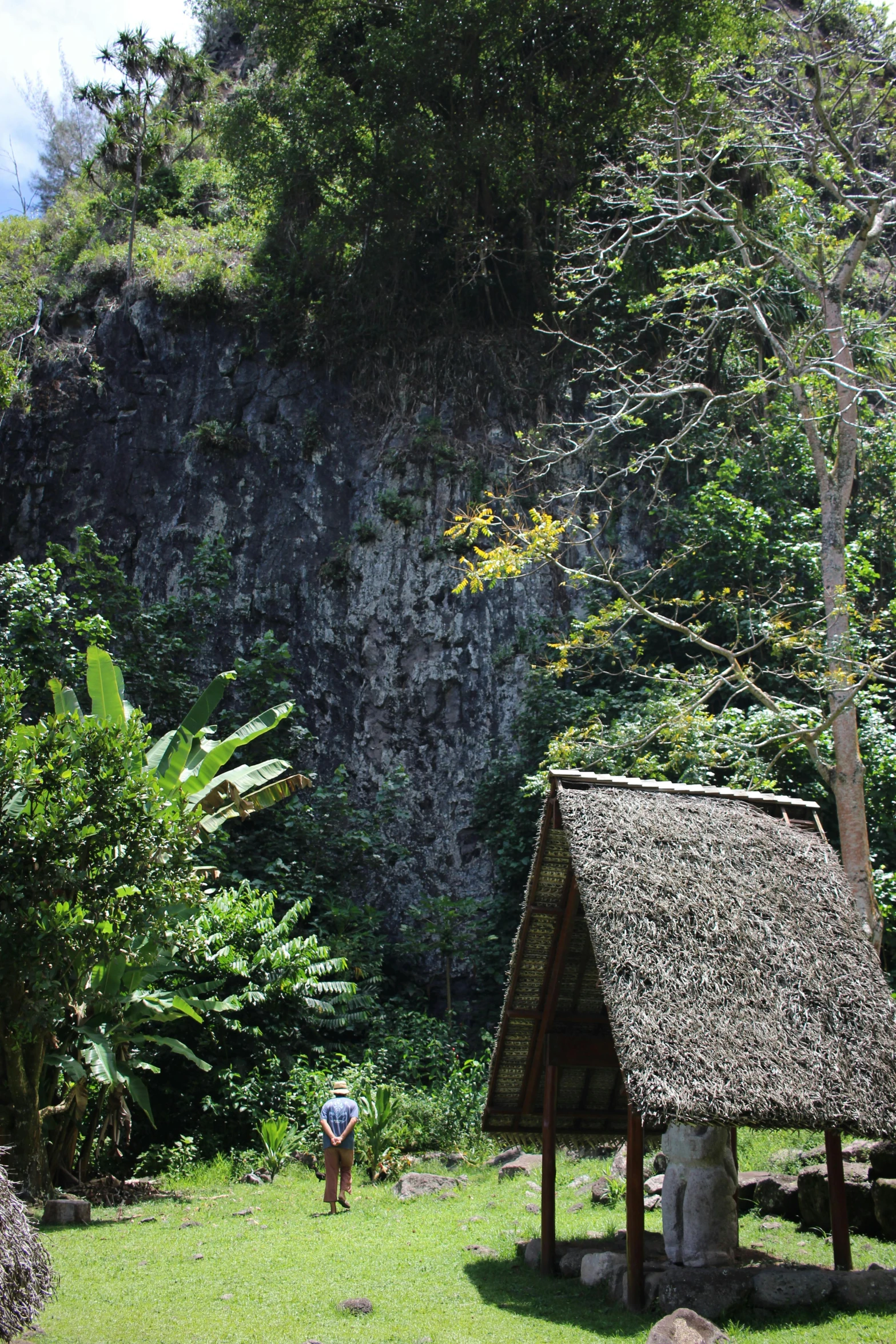 a couple of huts on a field with mountains in the background