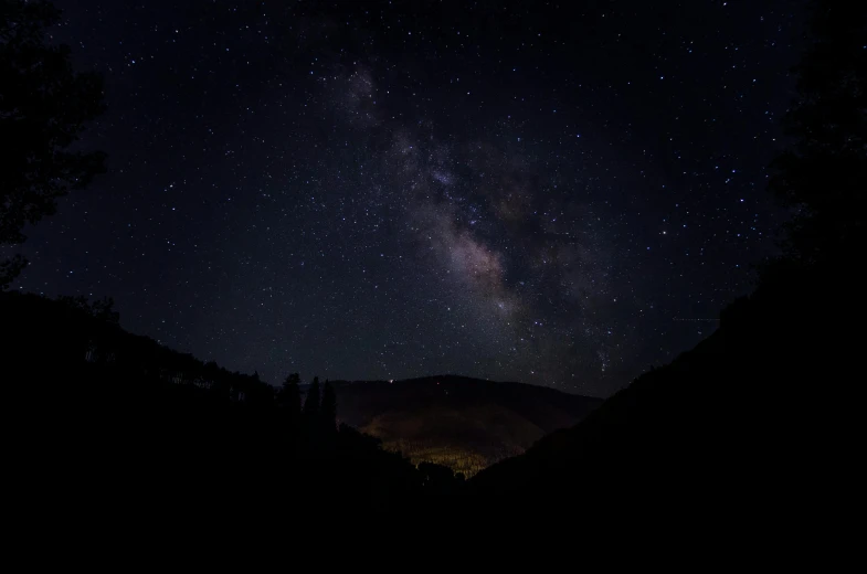 some trees and lights in the dark sky