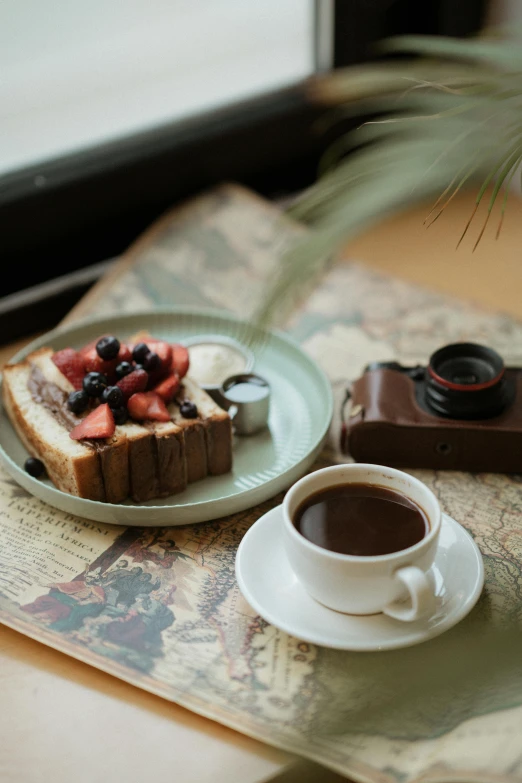 a plate of food is on a map and next to a camera