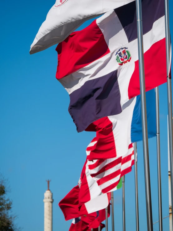 several american and mexican flags in the wind