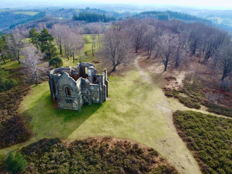 an aerial po shows the castle ruins at cripside farm