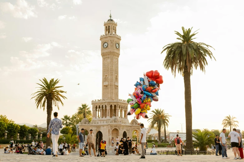 balloons with confetti, streamers and bell tower