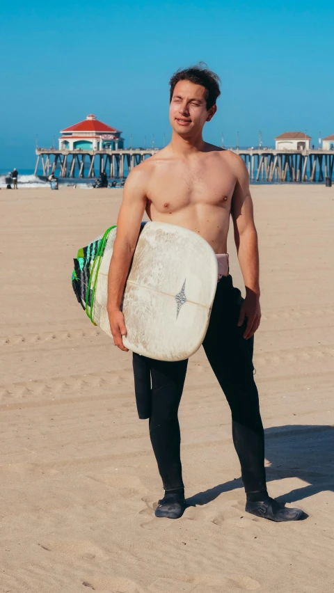 the man is holding his surfboard on the beach