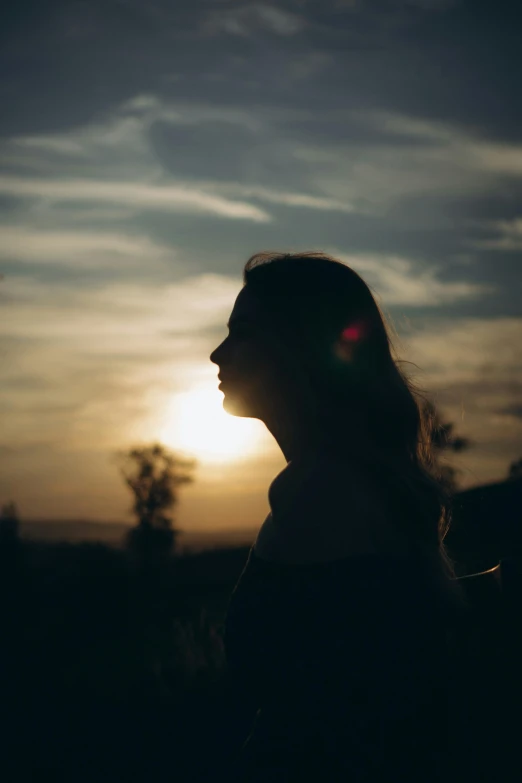 the head of a woman with long hair stands silhouetted against a sunset
