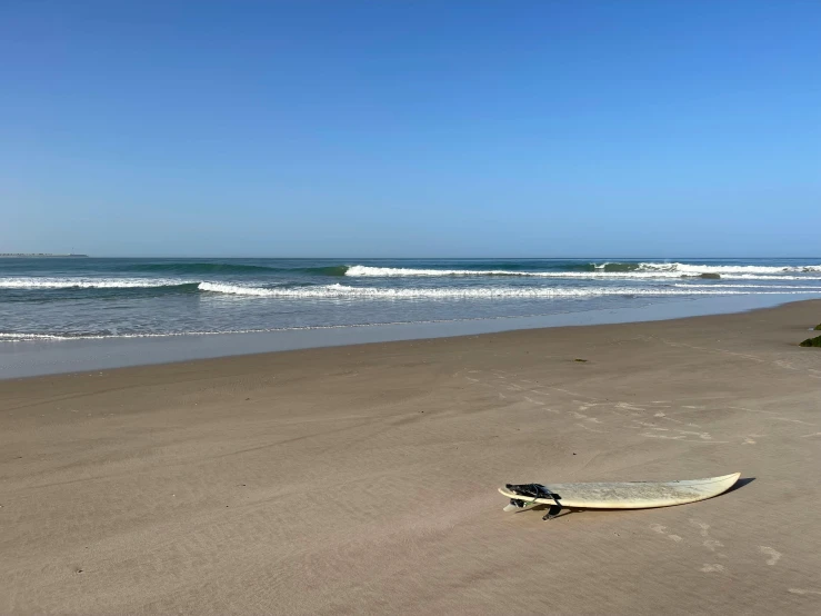 surfboard laying on the sandy beach in front of waves