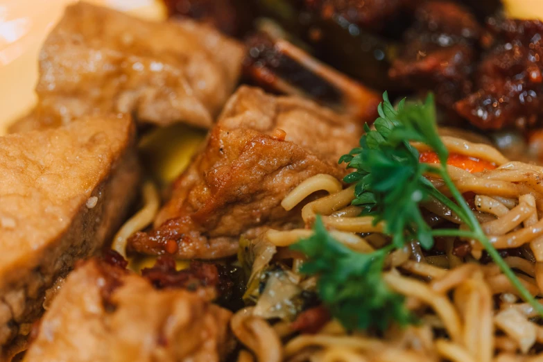 closeup view of food on a white plate with meat and sauce